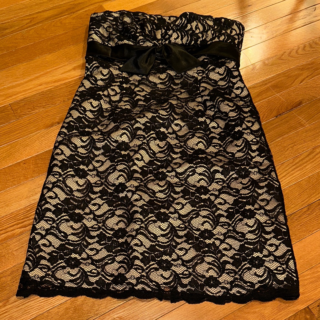 Whbm Black Lace Strapless Dress With Satin Waist Bow